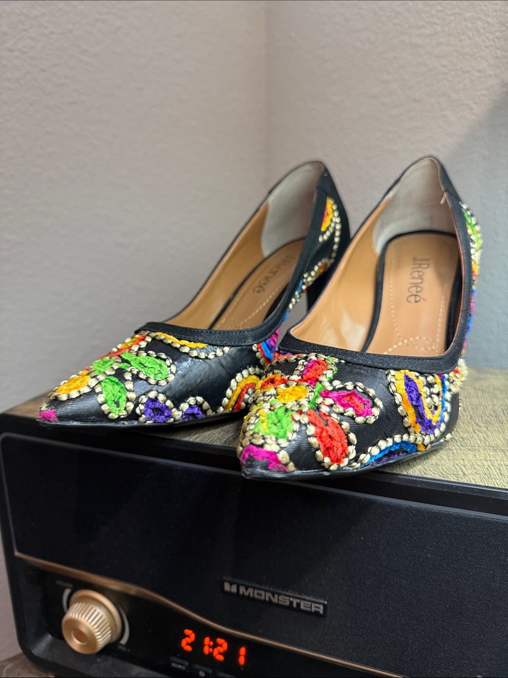 J.Renee Black Pointed-Toe Heels with Multicolor Embroidered Swirls